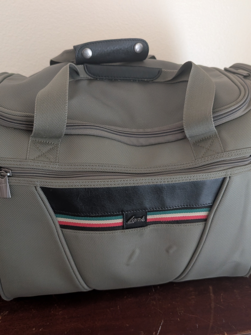 Vintage Lark Ballistic Nylon Duffle Bag Olive Green Red Stripe Weekender Luggage